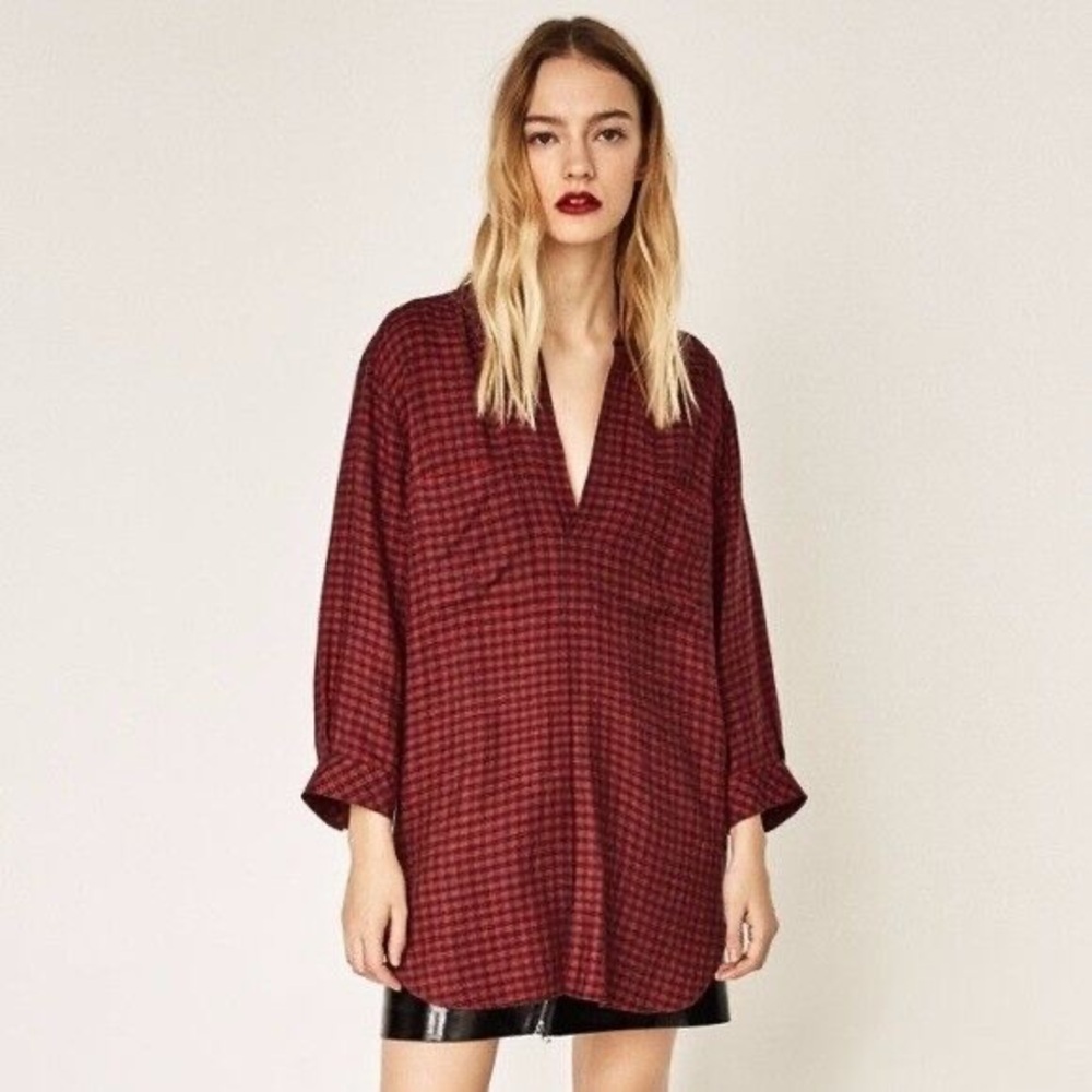 Zara red black gingham checked blouse tunic shirt dress
